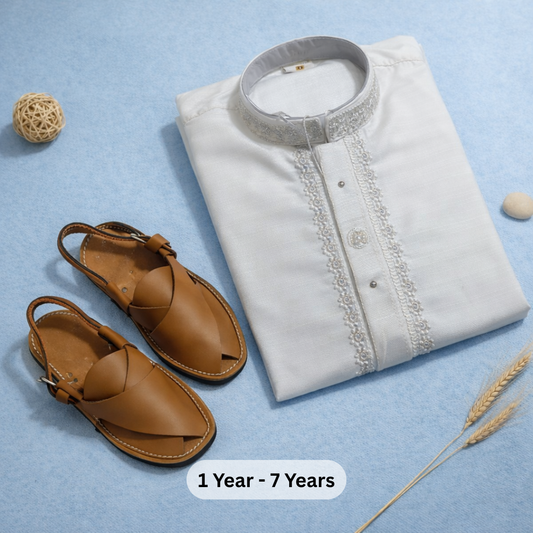 Eid Bundle - Boys White Kurta Shalwar with Peshawari Sandal