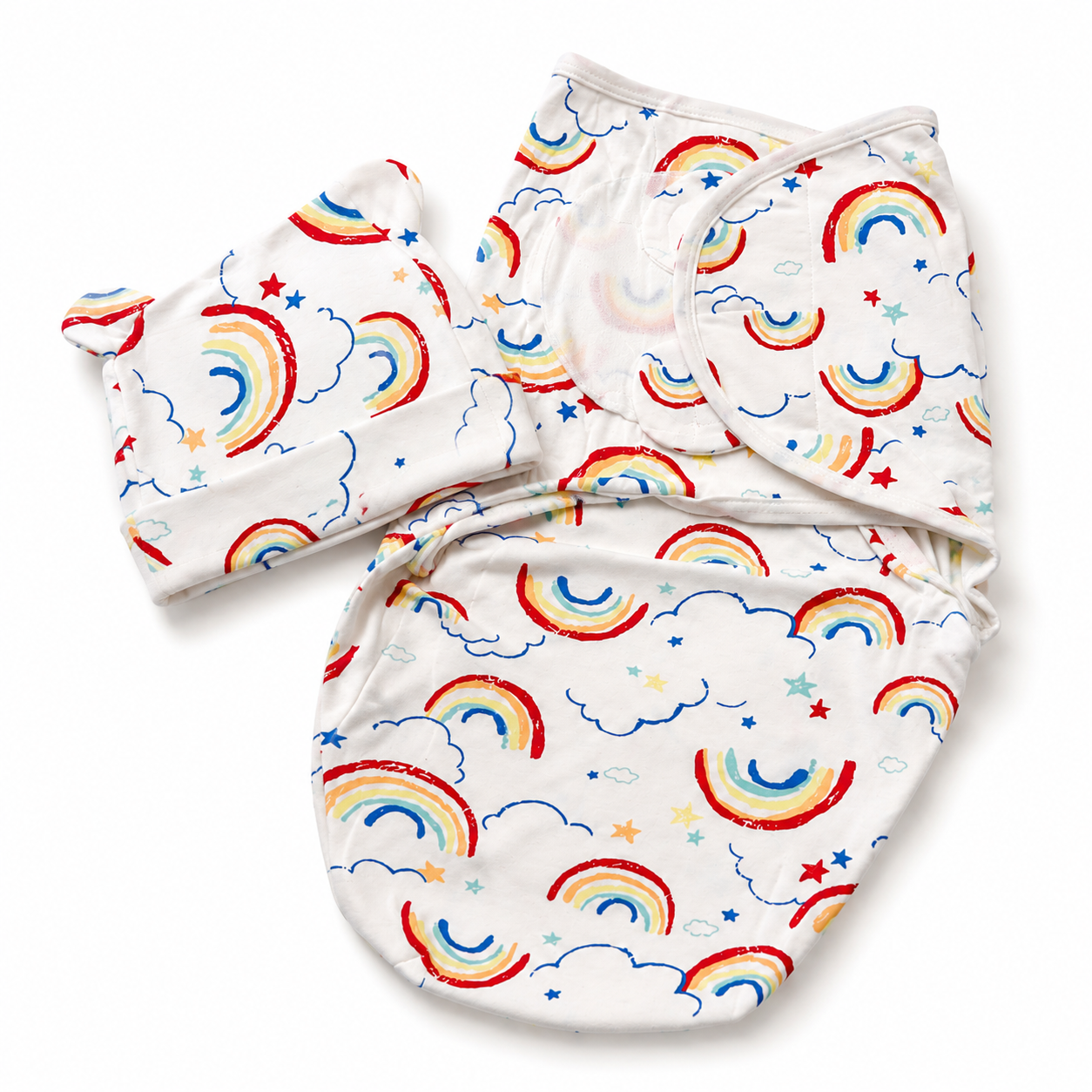 Newborn Baby Swaddle Wrap with Matching Cap – Rainbow Clouds Print | Soft & Breathable
