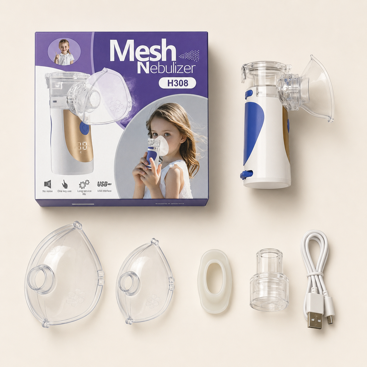 Portable Mesh Nebulizer H308 – Rechargeable USB Breathing Machine for Kids & Adults