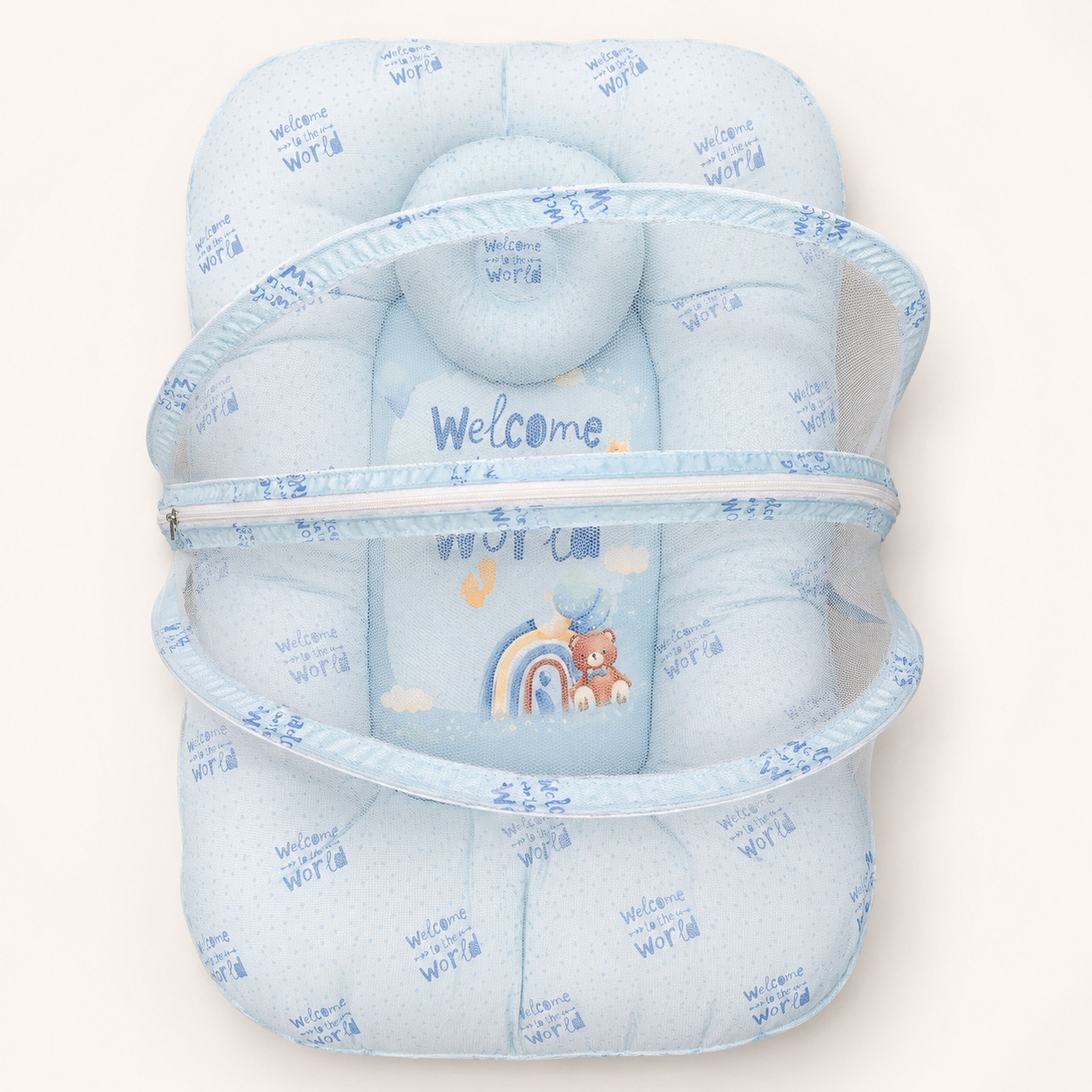 Baby Nest with Mosquito Net – Soft Newborn Nursery Essential | Beige & Light Blue