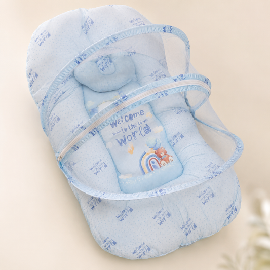 Baby Nest with Mosquito Net โ Soft Newborn Nursery Essential | Beige & Light Blue