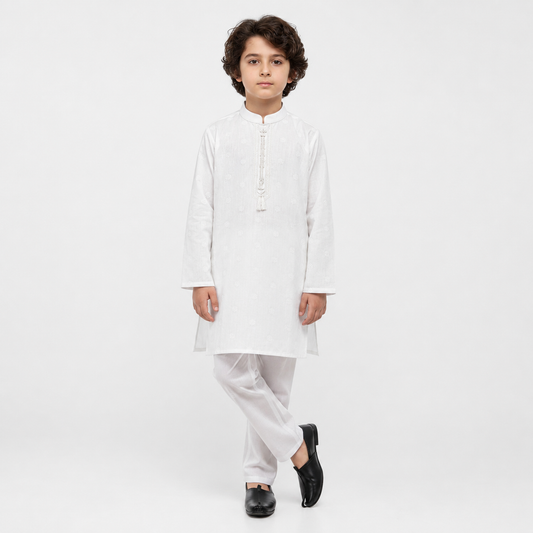 Eid Bundle - White Kurta Shalwar with Burgundy Peshawari Chappal
