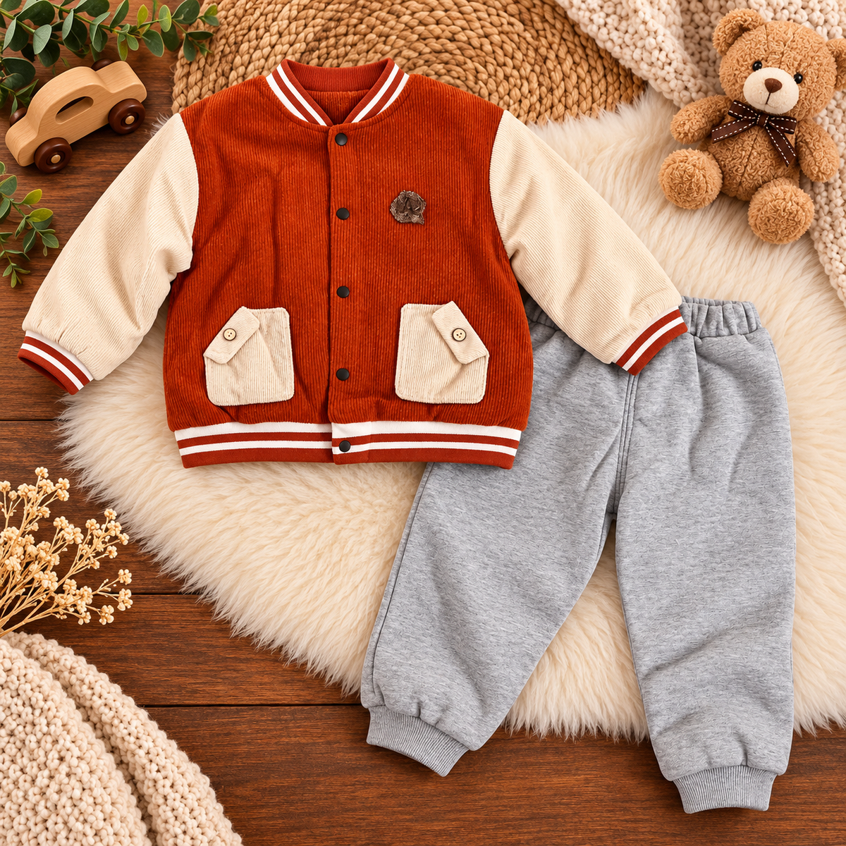 Kids Rust Varsity Jacket & Grey Jogger Outfit