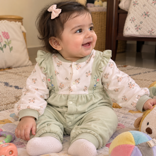 Baby Sage Green Floral Ruffle Romper