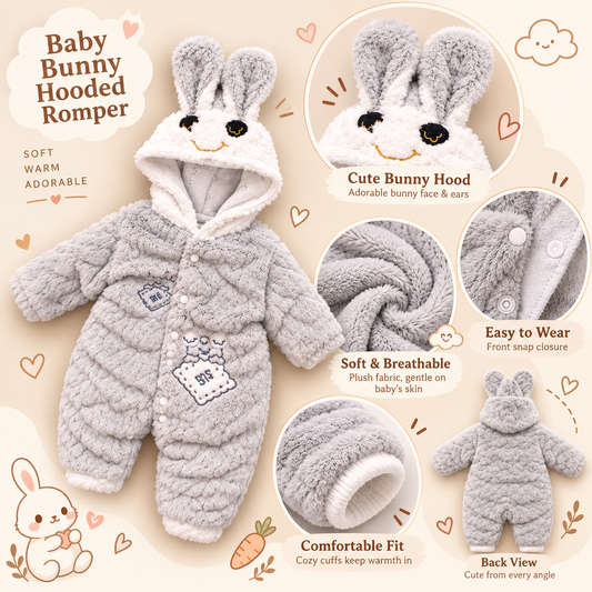 Baby Grey Plush Bunny Hooded Romper