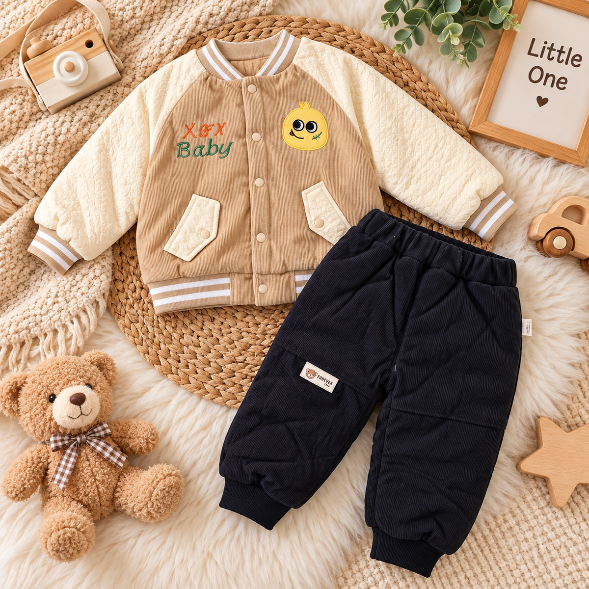 Kids Beige Character Varsity Jacket & Navy Jogger Outfit