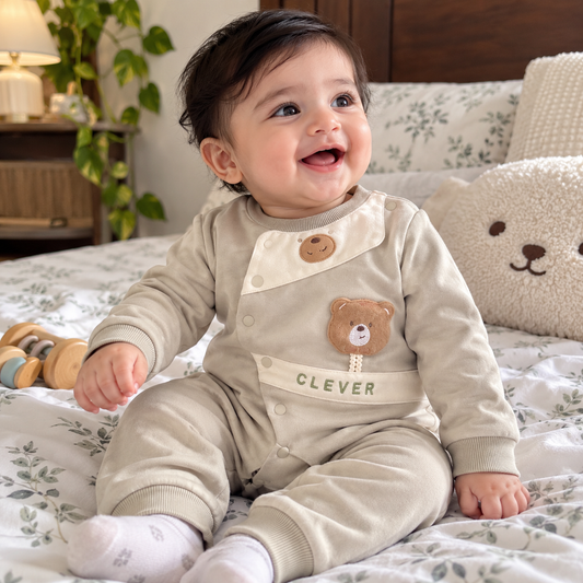 Baby Greige Clever Bear Snap Romper