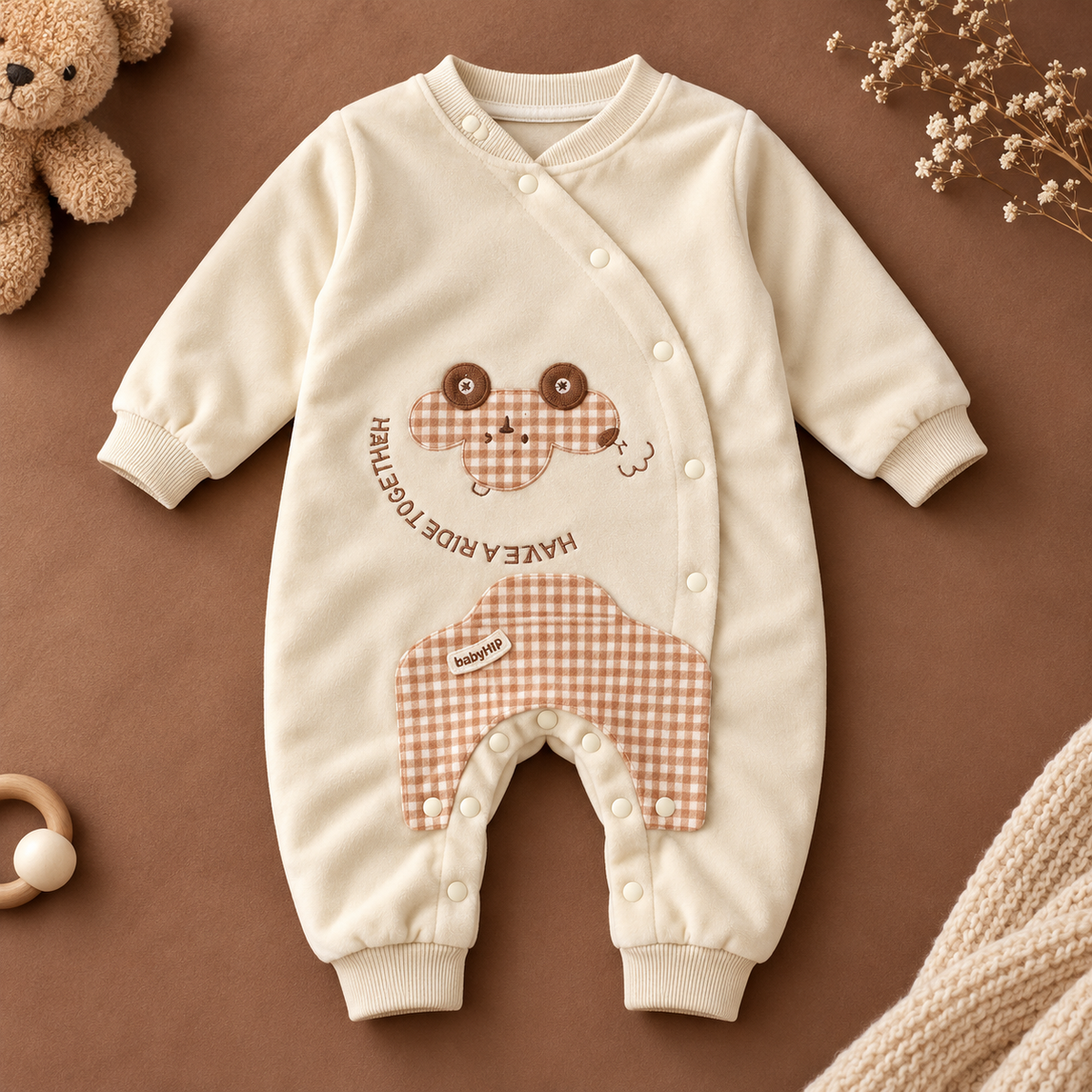 Baby Cream Romper with Gingham Character Appliqué
