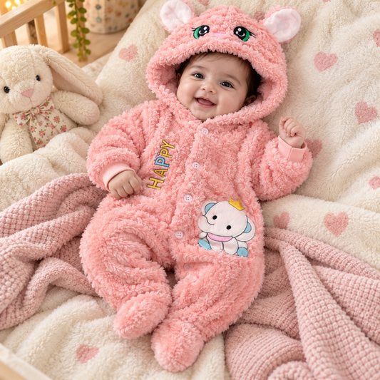 Baby Pink Plush Cat Hooded Romper