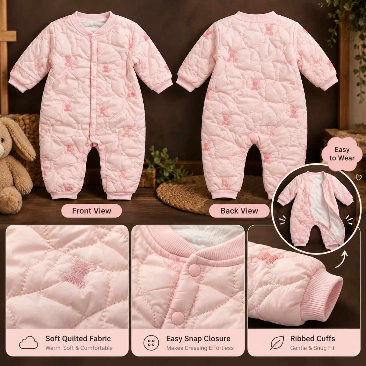 Baby Light Pink Quilted Bunny Embroidered Romper