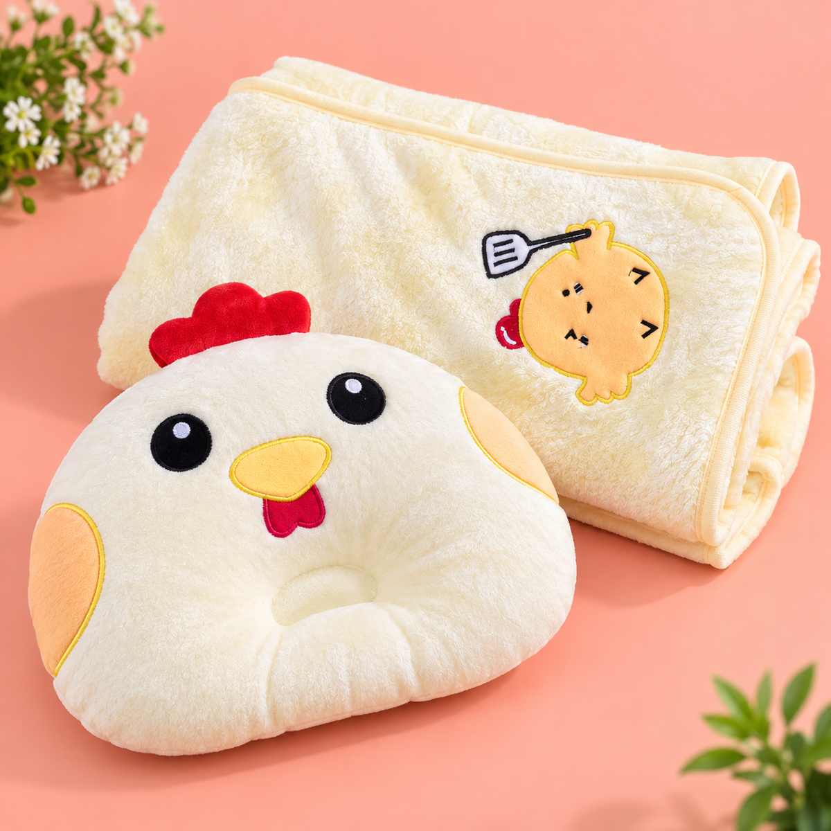 Cream Chicken Baby Blanket & Matching Pillow