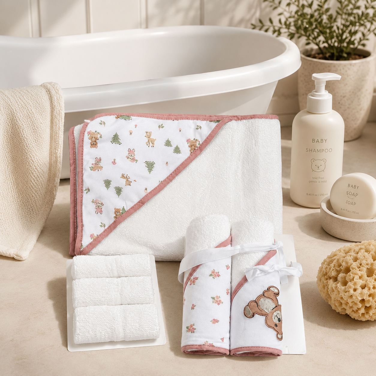 6-Piece Baby Bath Gift Set – Hooded Towel & Washcloths