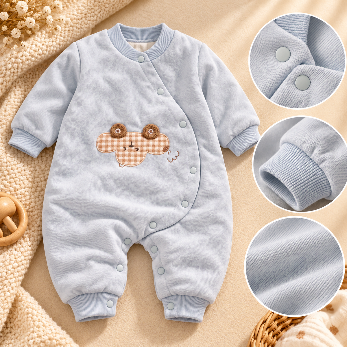 Baby Light Blue Romper with Gingham Character Appliqué