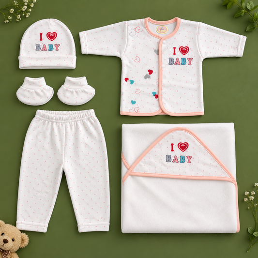 Newborn Baby 5-Piece Starter Set – I Love Mummy, Dady & Baby with Cap, Booties & Hooded Towel