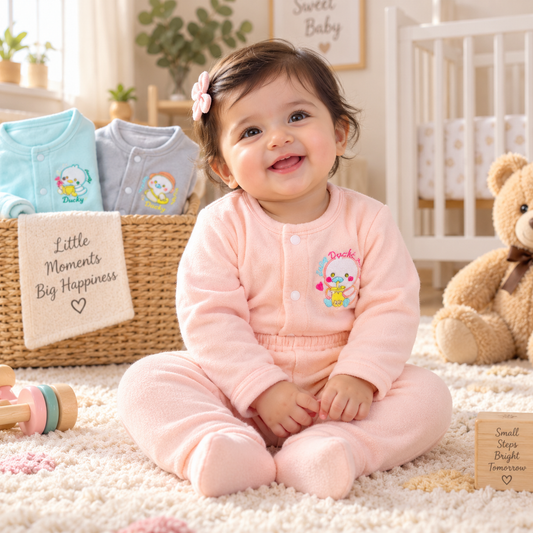 Baby Ducky Fleece Outfit Set, Pack of 3 – Soft Snap-Front Top & Elastic-Waist Pants in Pink, Grey & Mint