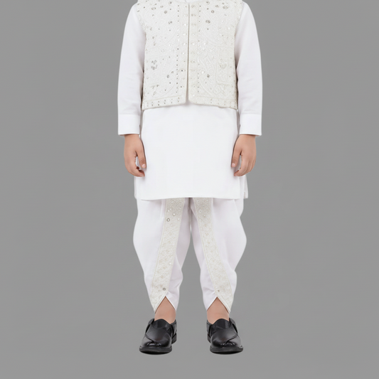 Boys White Dhoti Kurta with Waistcoat - Premium Traditional Outfit 1-4Y