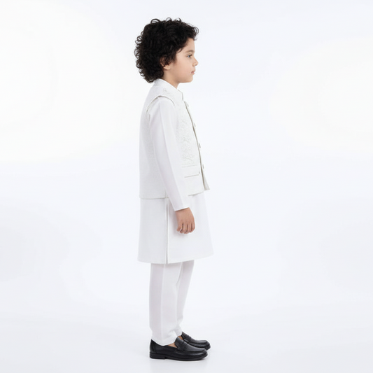Boys White 3-Piece Waistcoat Kurta Shalwar - Premium Traditional Outfit 1-4Y