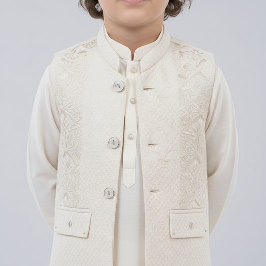Boys Off White 3-Piece Waistcoat Kurta Shalwar - Premium Traditional Outfit 1-4Y