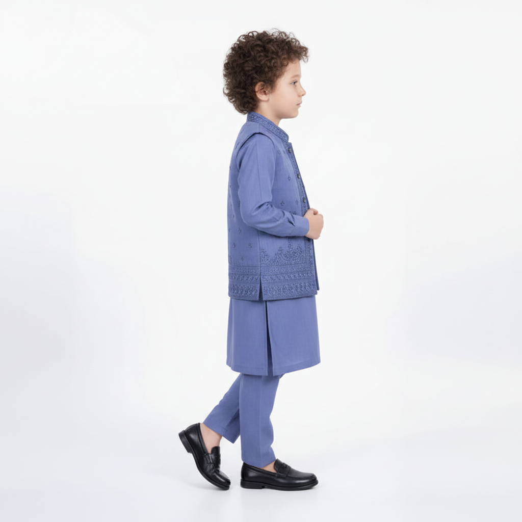 Boys Blue Kurta Shalwar with Waistcoat - Traditional Outfit 1-7Y