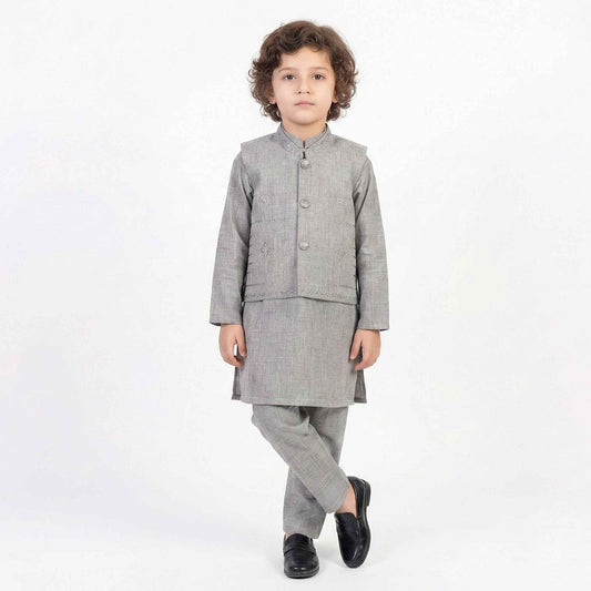 Boys Gray Kurta Shalwar with Waistcoat - Elegant Traditional Outfit 1-4Y