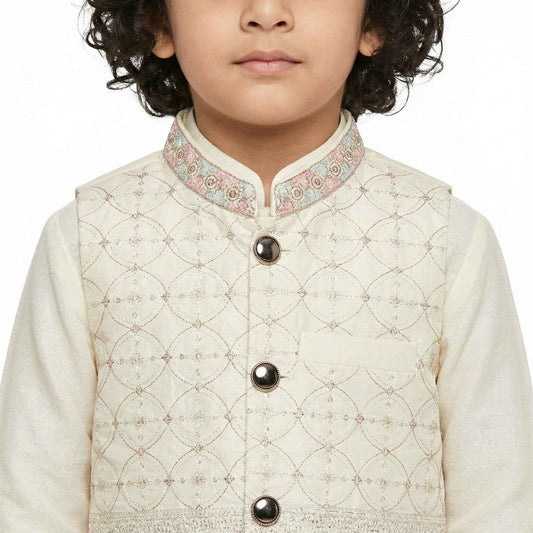 Boys Off-White Kurta Shalwar with Embroidered Waistcoat - Traditional Outfit 1-4Y