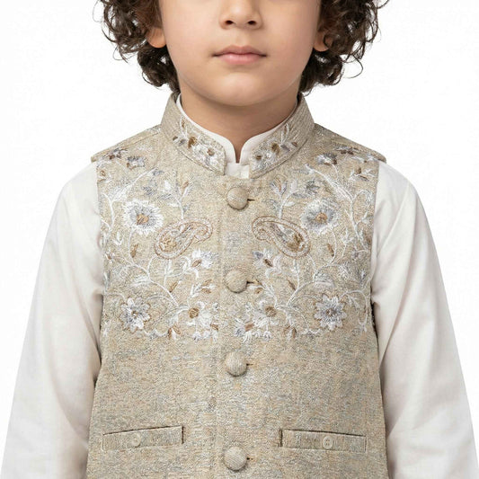 Boys Premium White Kurta Shalwar with Elegant Waistcoat - Wash & Wear 1-7Y