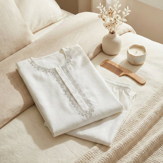 White lace-trimmed garment on a bed with a vase and comb in the background