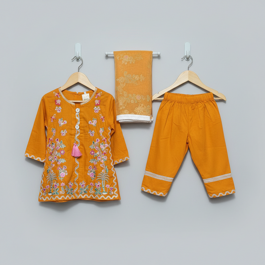 Premium Cotton Embroidered Frock - Orange 1-4Y