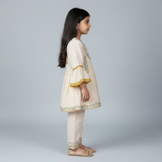 Premium Cotton Embroidered Frock - Peach 1-4Y