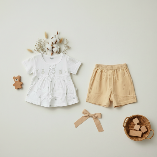 Baby Girls Cream Frock & Shorts Set - Adorable Printed Frock with Shorts for Infant Girls 6-18 Months