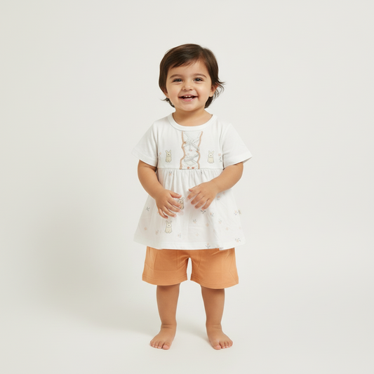 Baby Girls Peach Frock & Shorts Set - Adorable Printed Frock with Shorts for Infant Girls 6-18 Months