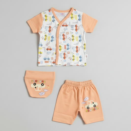 Newborn Baby 3-Piece Set - Colourful Printed Shirt, Shorts & Cap | 0-9 Months