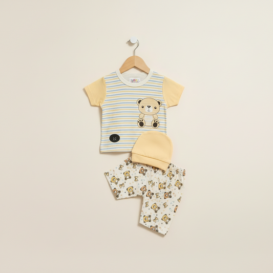 Newborn Baby 3-Piece Striped Set - Classic Striped Shirt, Shorts & Accessory in Peach & Yellow 0-9 Months