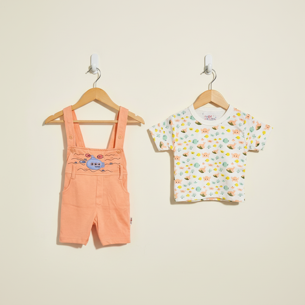 Newborn Baby 2-Piece Set - Vibrant Printed Shirt & Shorts in Gray, Peach & Yellow 0-9 Months