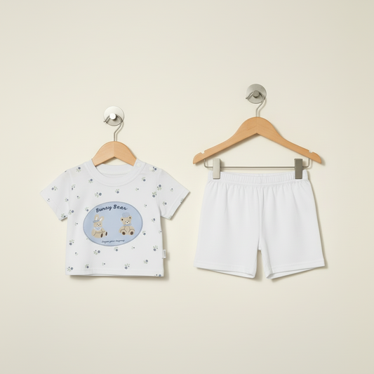 Baby Boys Blue 2-Piece Set - Bunny & Bear Printed Shirt & Shorts for Infants 6-18 Months