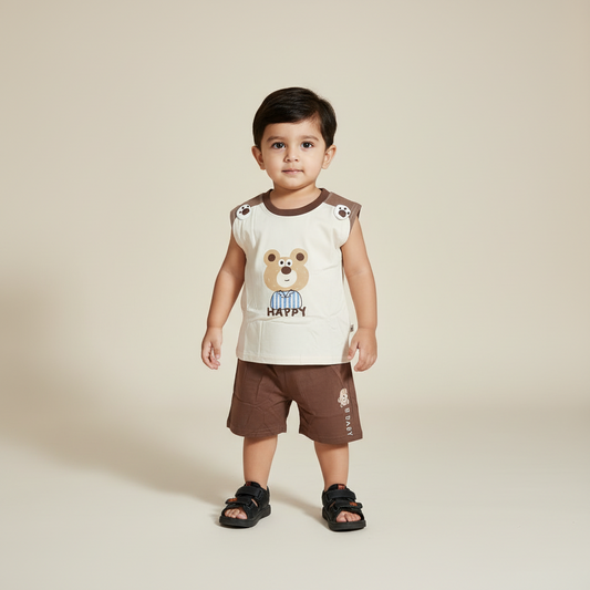 Boys Panda Sando & Shorts Set - Sleeveless Vest & Shorts in Brown & Navy 12M-4Y
