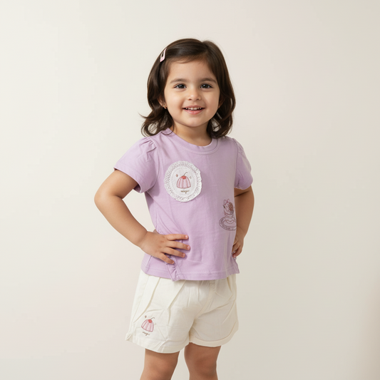 Baby Girls Purple 2-Piece Set - Adorable Printed Shirt & Shorts for Infant Girls 9-24 Months