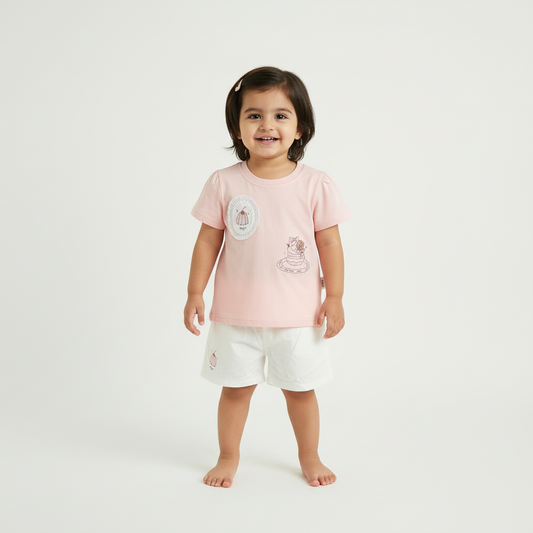 Baby Girls Pink 2-Piece Set - Adorable Printed Shirt & Shorts for Infant Girls 9-24 Months