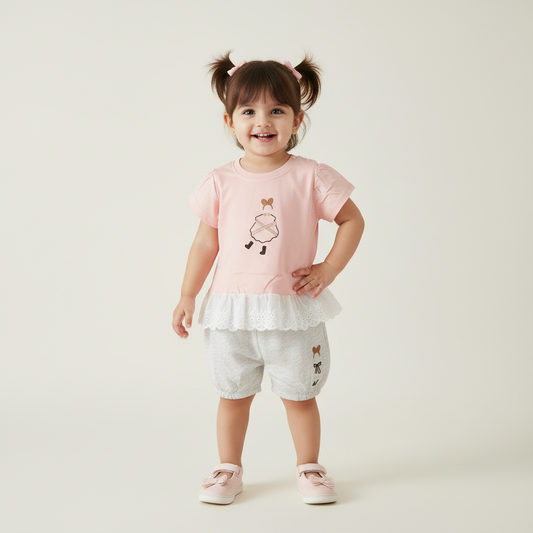 Baby Girls Pink 2-Piece Set - Printed Shirt & Shorts for Infant Girls 9-24 Months