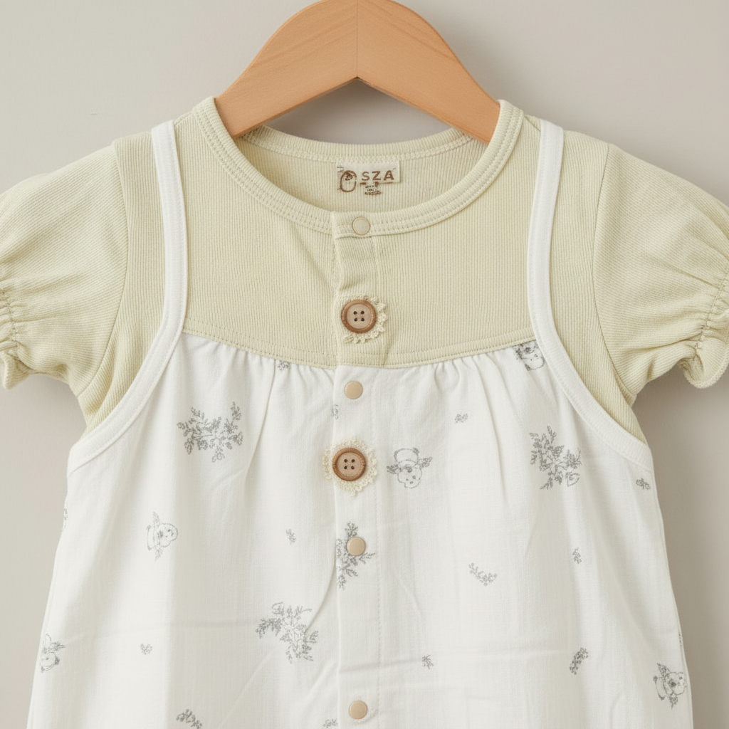 Baby Girl Romper - Cute Rabbit Printed Bodysuit in Olive, Cream & Pink 6-18 Months
