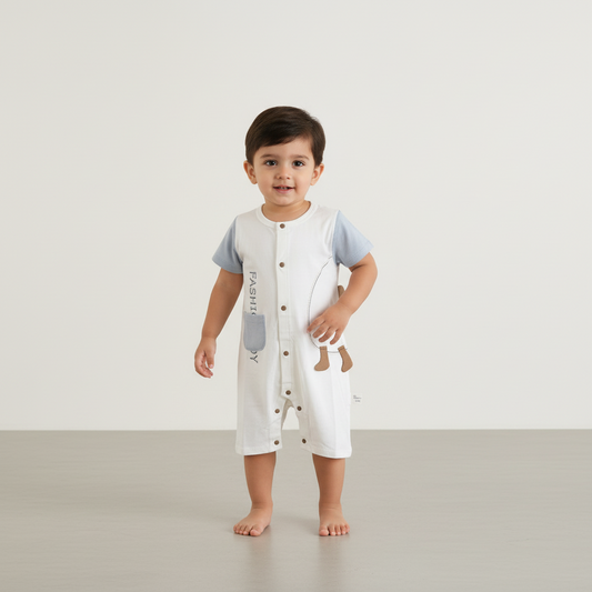 Baby Romper - Stylish Printed Bodysuit in Brown, Light Blue & Olive 6-18 Months