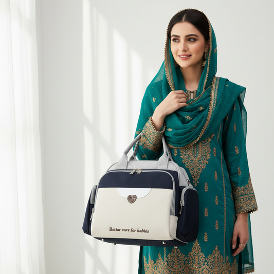 Baby Diaper Bag Handbag Style - Stylish Mummy Bag in Black & Light Green