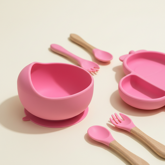 Baby 9-Piece Silicone Tableware Set – BPA-Free Feeding Set | Pink