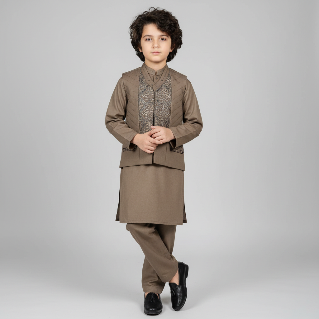 Boys Brown Kurta Shalwar with Stylish Waistcoat - Traditional Outfit 1-4Y