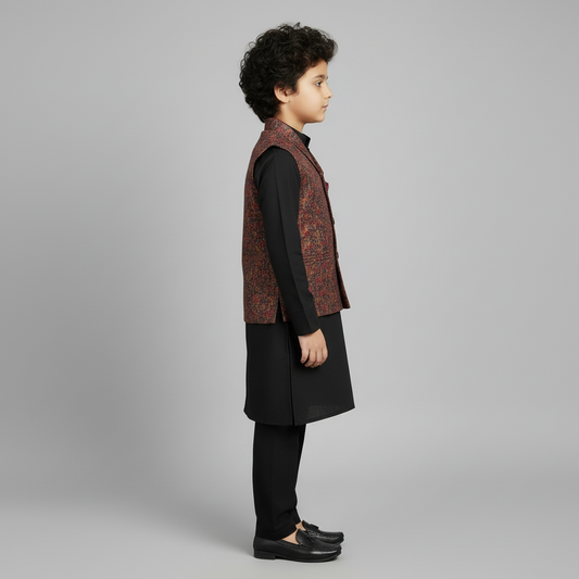 Boys Black Kurta Shalwar with Colorful Waistcoat - Traditional Outfit 1-7Y