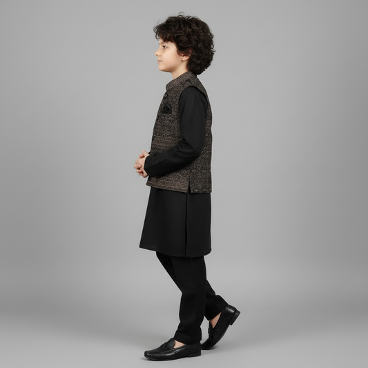 Boys Premium Black Kurta Shalwar with Waistcoat - Traditional Outfit 1-4Y