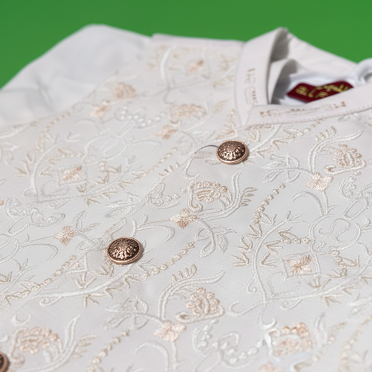 Boys White Shalwar Kameez with Embroidered Waistcoat - Traditional Outfit 1-7Y