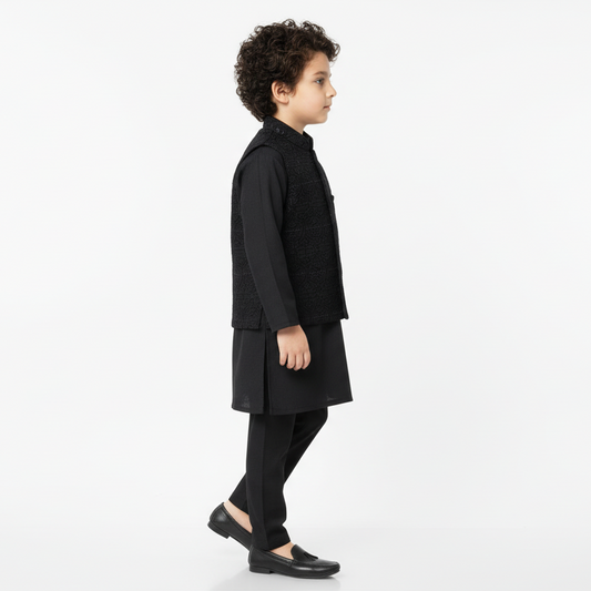 Boys Black Kurta Shalwar with Embroidered Waistcoat - Traditional Outfit 1-7Y