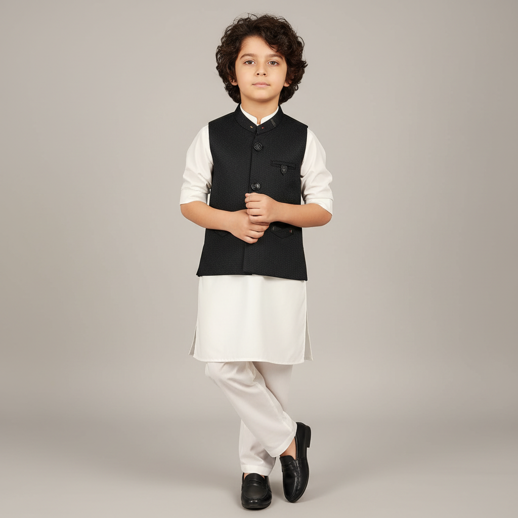 Boys White Kurta Shalwar with Black Waistcoat - Elegant Traditional Outfit 1-4Y
