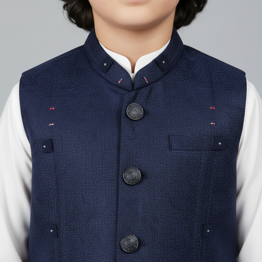 Boys White Kurta Shalwar with Navy Blue Waistcoat - Traditional Outfit 4-7Y